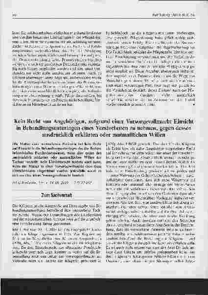 Vorschauseite 1: Kein Recht von Angehörigen, aufgrund einer Vorsorgevollmacht Einsicht in Behandlungsunterlagen eines Verstorbenen zu nehmen, gegen dessen ausdrücklich erklärten oder mutmaßlichen…