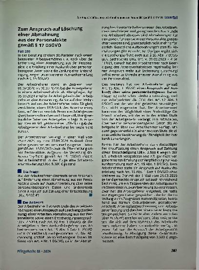Vorschauseite 1: Zum Anspruch auf Löschung einer Abmahnung aus der Personalakte gemäß § 17 DSGVO