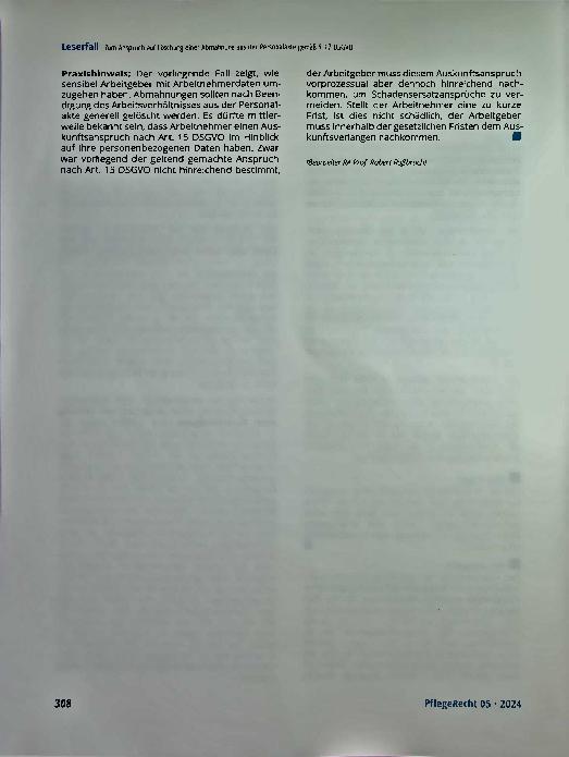 Vorschauseite 2: Zum Anspruch auf Löschung einer Abmahnung aus der Personalakte gemäß § 17 DSGVO