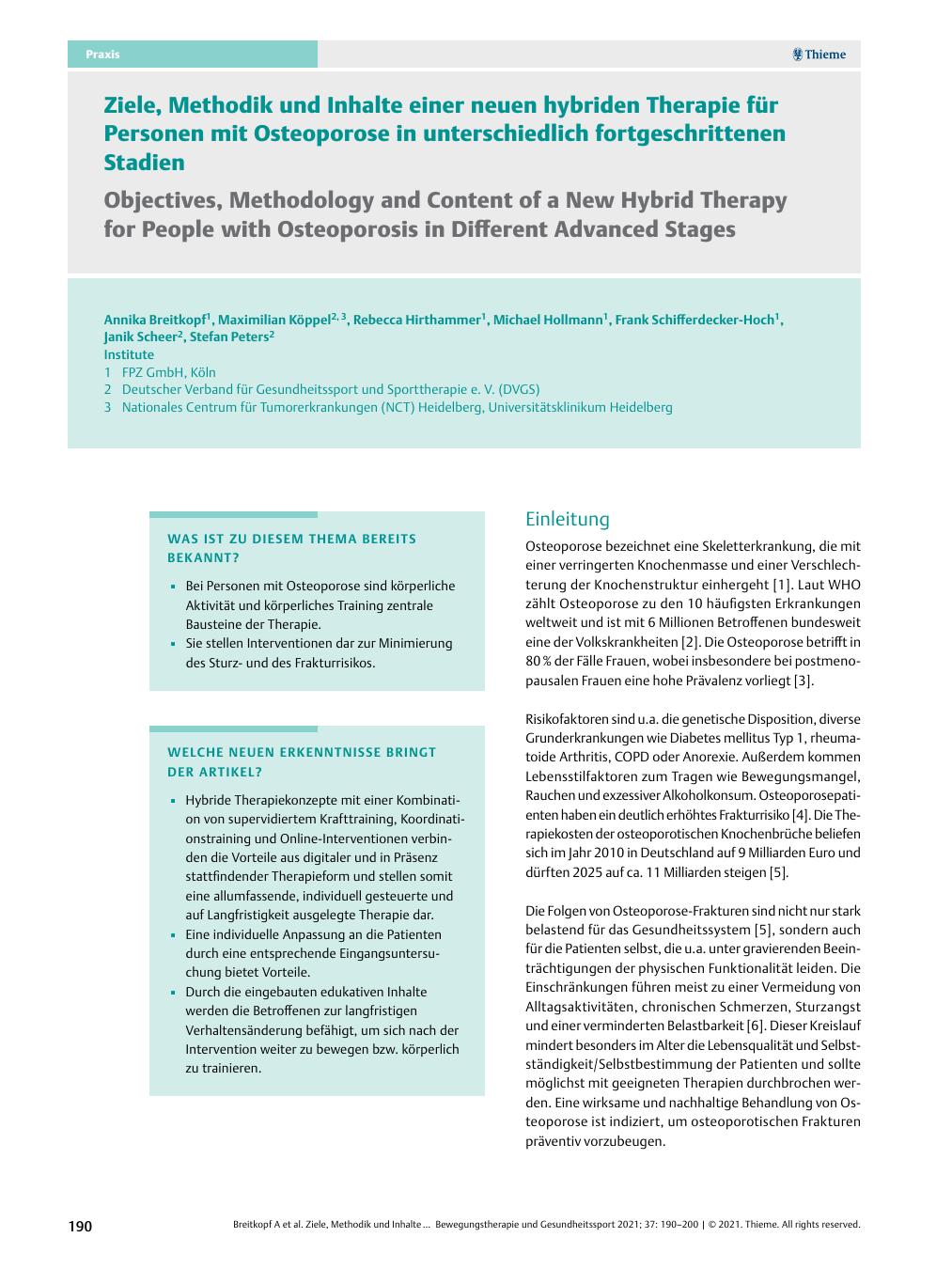Vorschauseite 1: Ziele, Methodik und Inhalte einer neuen hybriden Therapie für Personen mit Osteoporose in unterschiedlich fortgeschrittenen Stadien