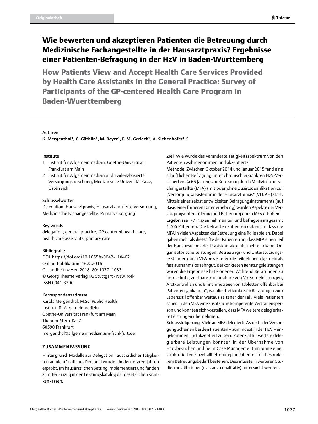 Vorschauseite 1: Wie bewerten und akzeptieren Patienten die Betreuung durch Medizinische Fachangestellte in der Hausarztpraxis? Ergebnisse einer Patienten-Befragung in der HzV in Baden-Württemberg