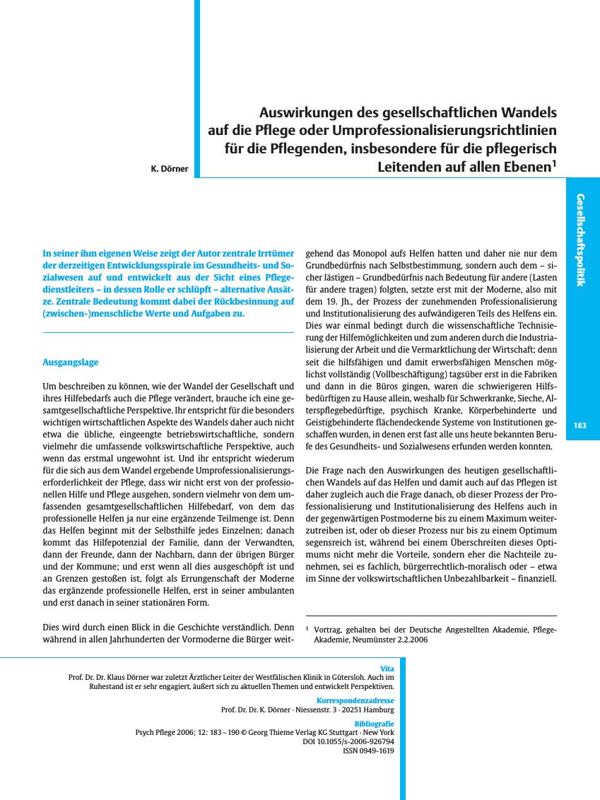 Vorschauseite 1: Auswirkungen des gesellschaftlichen Wandels auf die Pflege oder Umprofessionalisierungsrichtlinien für die Pflegenden, insbesondere für die pflegerisch Leitenden auf allen Ebenen
