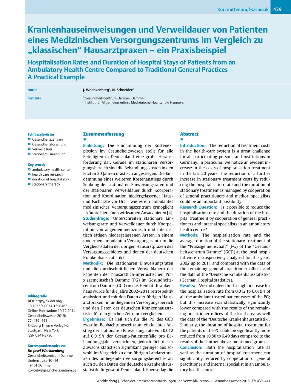 Vorschauseite 1: Krankenhauseinweisungen und Verweildauer von Patienten eines Medizinischen Versorgungszentrums im Vergleich zu „klassischen“ Hausarztpraxen – ein Praxisbeispiel