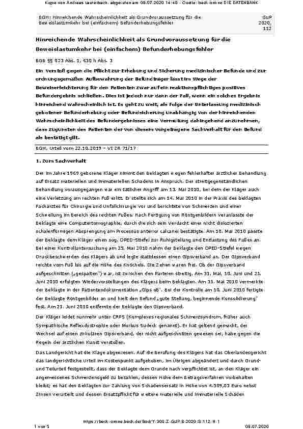 Vorschauseite 1: Hinreichende Wahrscheinlichkeit als Grundvoraussetzung für die Beweislastumkehr bei (einfachem) Befunderhebungsfehler