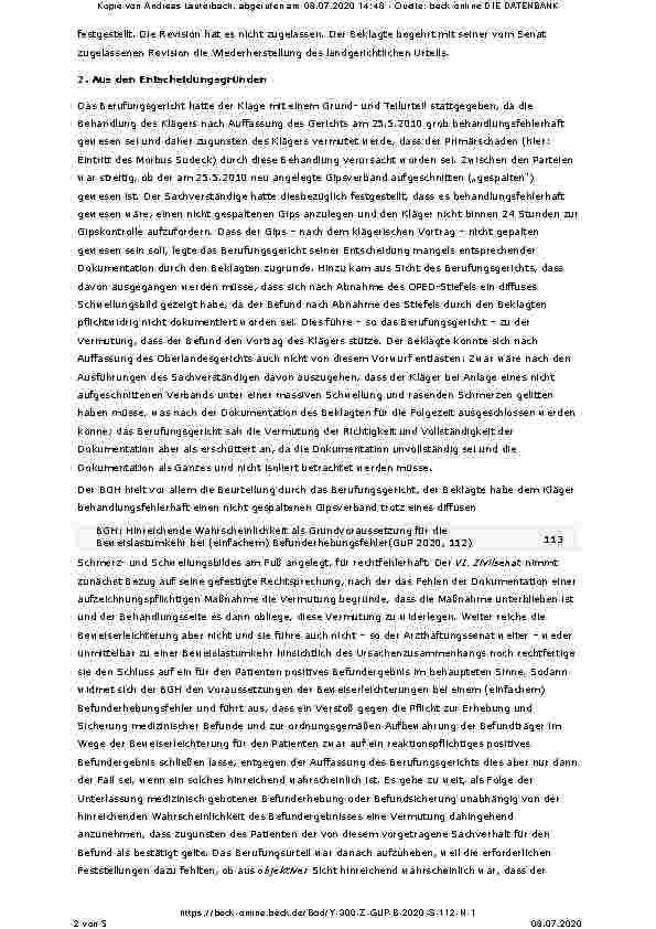 Vorschauseite 2: Hinreichende Wahrscheinlichkeit als Grundvoraussetzung für die Beweislastumkehr bei (einfachem) Befunderhebungsfehler