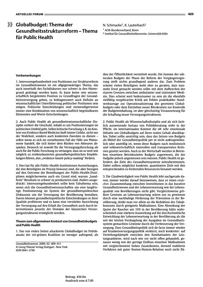 Vorschauseite 1: Globalbudget: Thema der Gesundheitsstrukturreform - Thema für Public Health