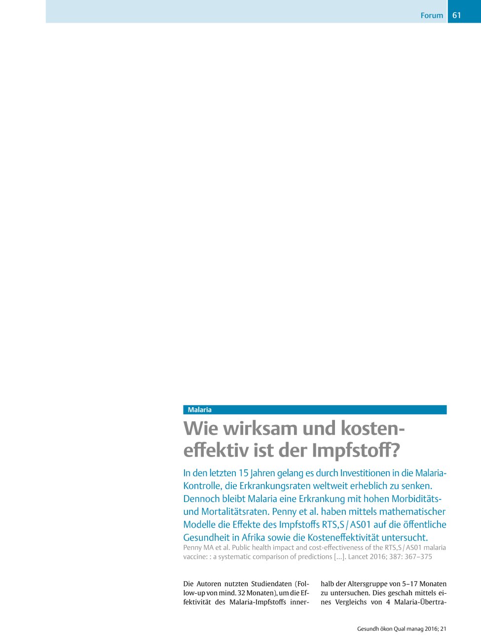Vorschauseite 1: Malaria ? Wie wirksam und kosteneffektiv ist der Impfstoff?