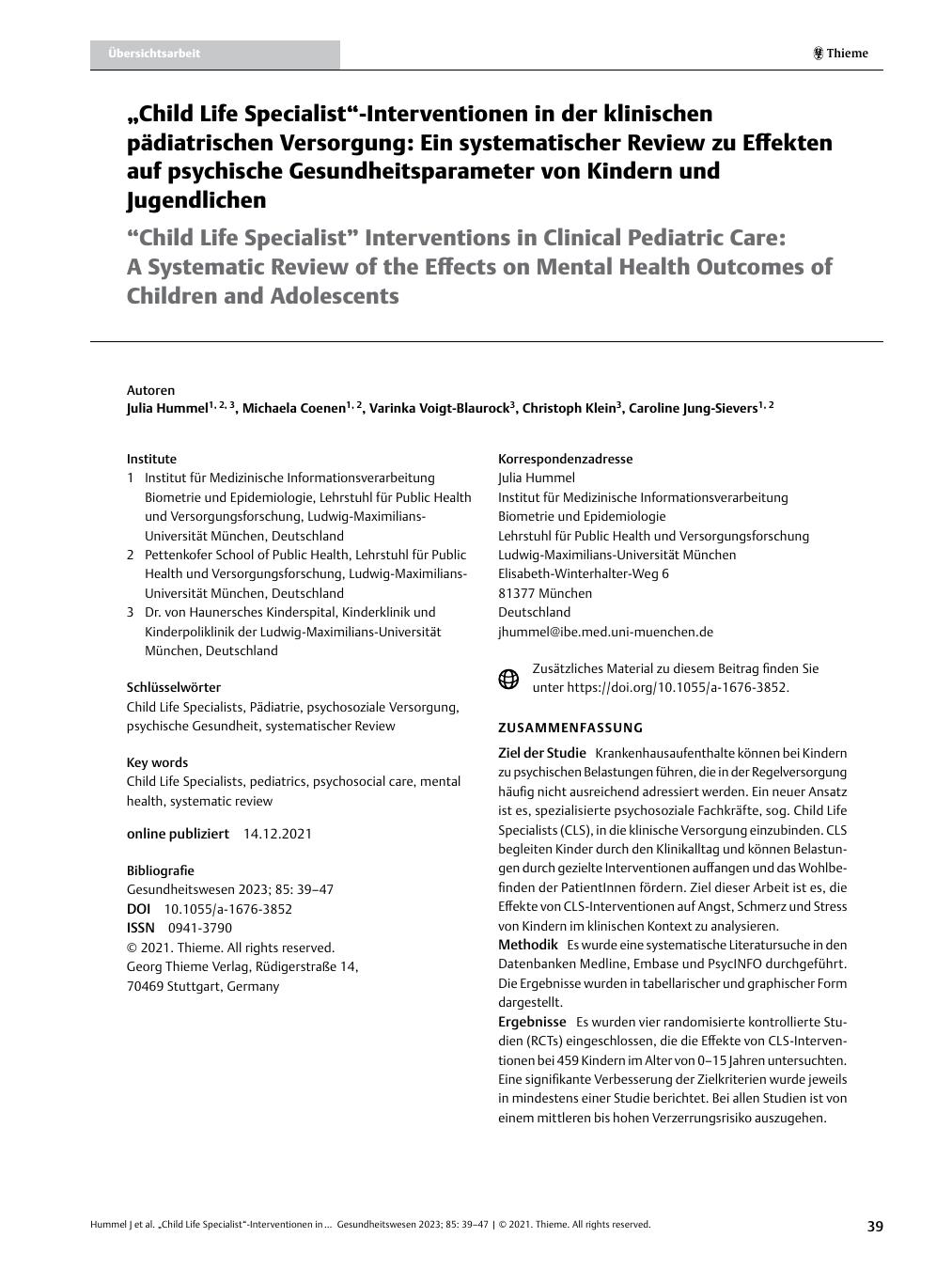 Vorschauseite 1: "Child Life Specialist"-Interventionen in der klinischen pädiatrischen Versorgung: Ein systematischer Review zu Effekten auf psychische Gesundheitsparameter von Kindern und Jugend…