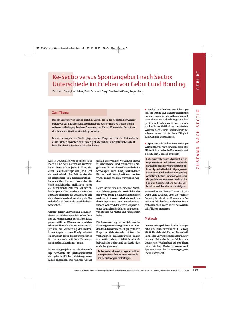 Vorschauseite 1: Re-Sectio versus Spontangeburt nach Sectio: Unterschiede im Erleben von Geburt und Bonding