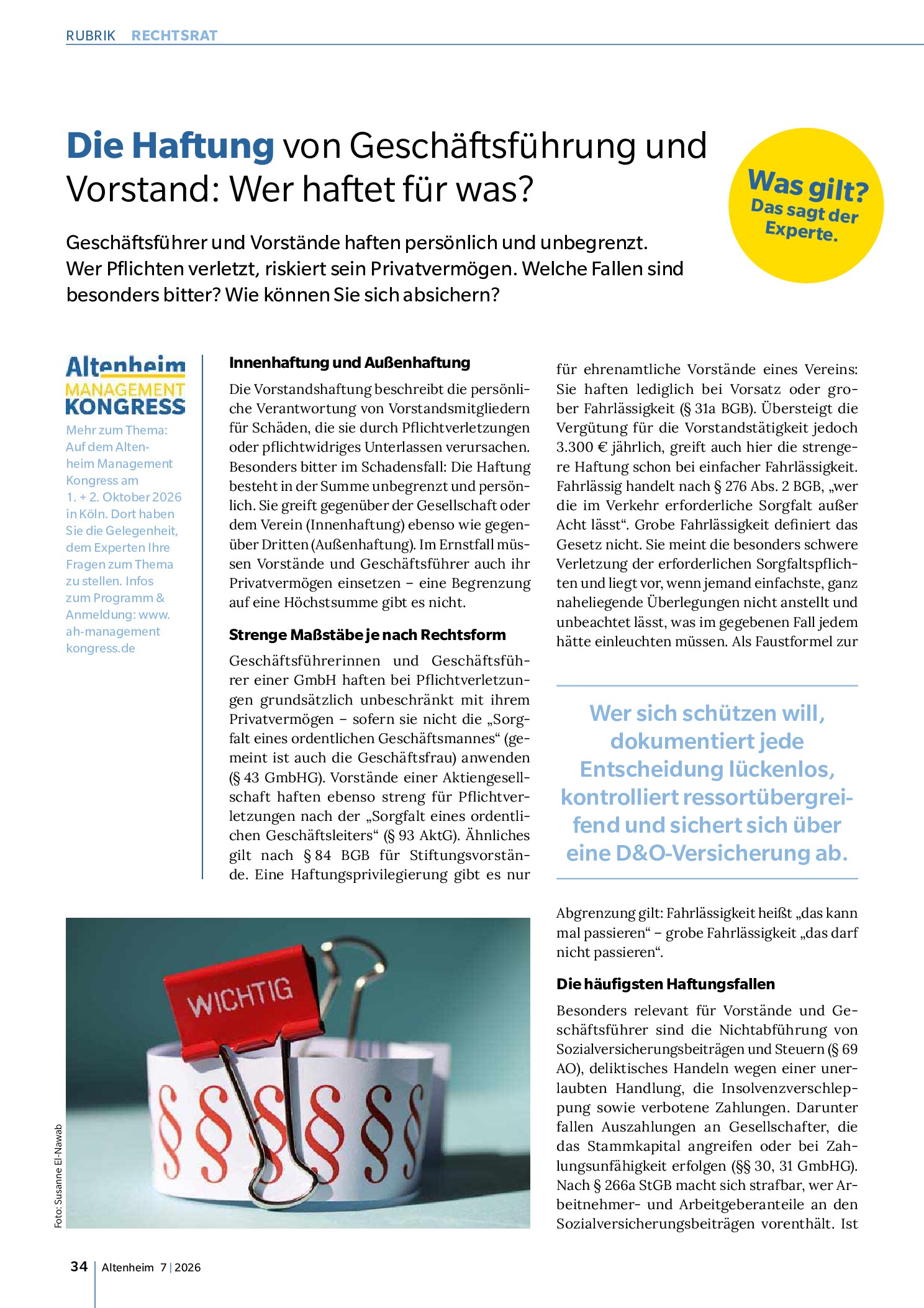 Vorschauseite 1: Die Haftung von Geschäftsführung und Vorstand: Wer haftet für was? Was gilt?