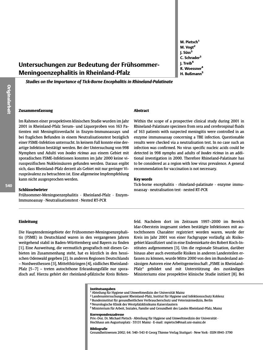 Vorschauseite 1: Untersuchungen zur Bedeutung der Frühsommer-Meningoenzephalitis in Rheinland-Pfalz