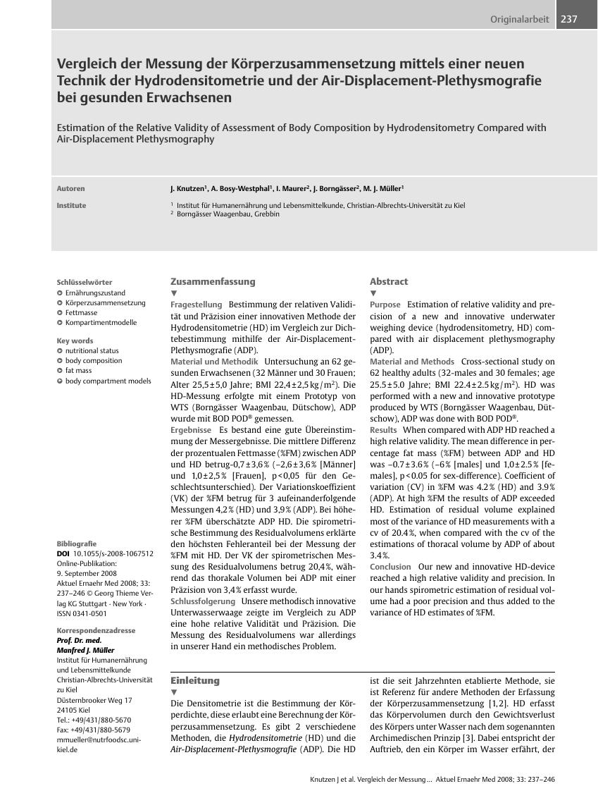 Vorschauseite 1: Vergleich der Messung der Körperzusammensetzung mittels einer neuen Technik der Hydrodensitometrie und der Air-Displacement-Plethysmografie bei gesunden Erwachsenen