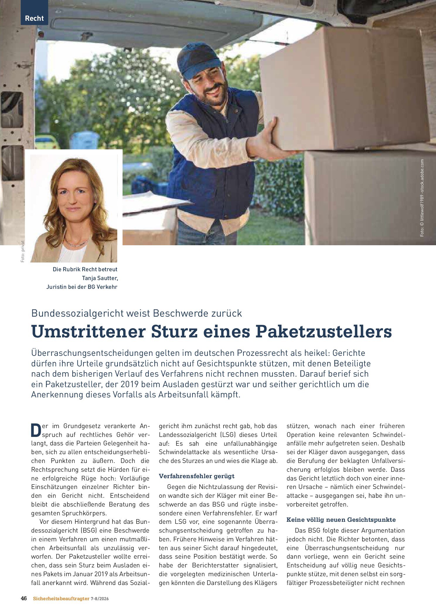 Vorschauseite 1: Bundessozialgericht weist Beschwerde zurück: Umstrittener Sturz eines Paketzustellers