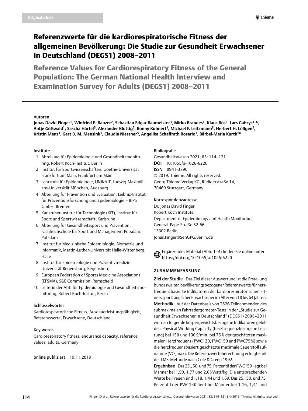 Vorschauseite 1: Referenzwerte für die kardiorespiratorische Fitness der allgemeinen Bevölkerung: Die Studie zur Gesundheit Erwachsener in Deutschland (DEGS1) 2008 – 2011