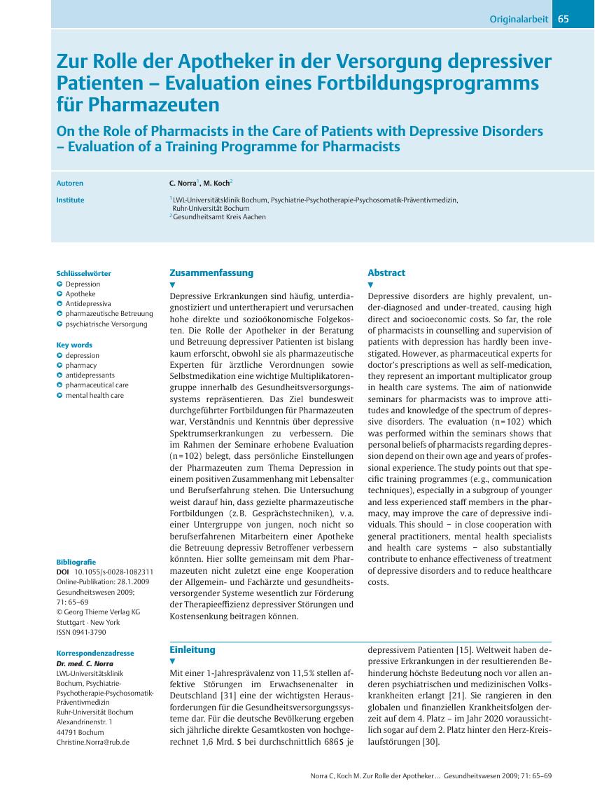 Vorschauseite 1: Zur Rolle der Apotheker in der Versorgung depressiver Patienten – Evaluation eines Fortbildungsprogramms für Pharmazeuten