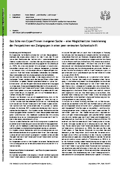 Vorschauseite 1: Das Echo von Expert*innen in eigener Sache – eine Möglichkeit zur Involvierung der Perspektiven von Zielgruppen in einer peer-reviewten Fachzeitschrift.