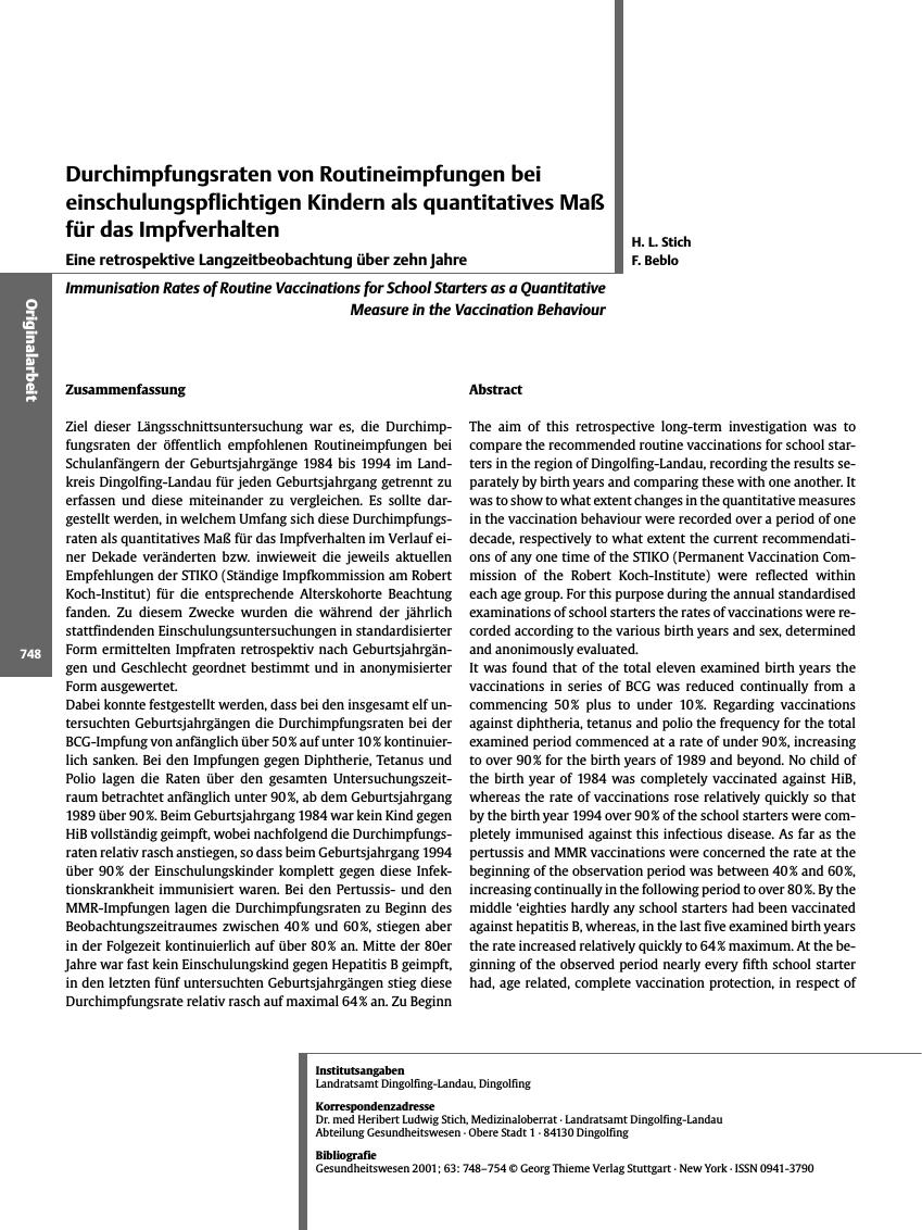 Vorschauseite 1: Durchimpfungsraten von Routineimpfungen bei einschulungspflichtigen Kindern als quantitatives Maß für das Impfverhalten