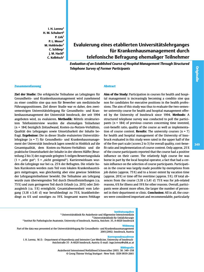 Vorschauseite 1: Evaluierung eines etablierten Universitätslehrganges für Krankenhausmanagement durch telefonische Befragung ehemaliger Teilnehmer
