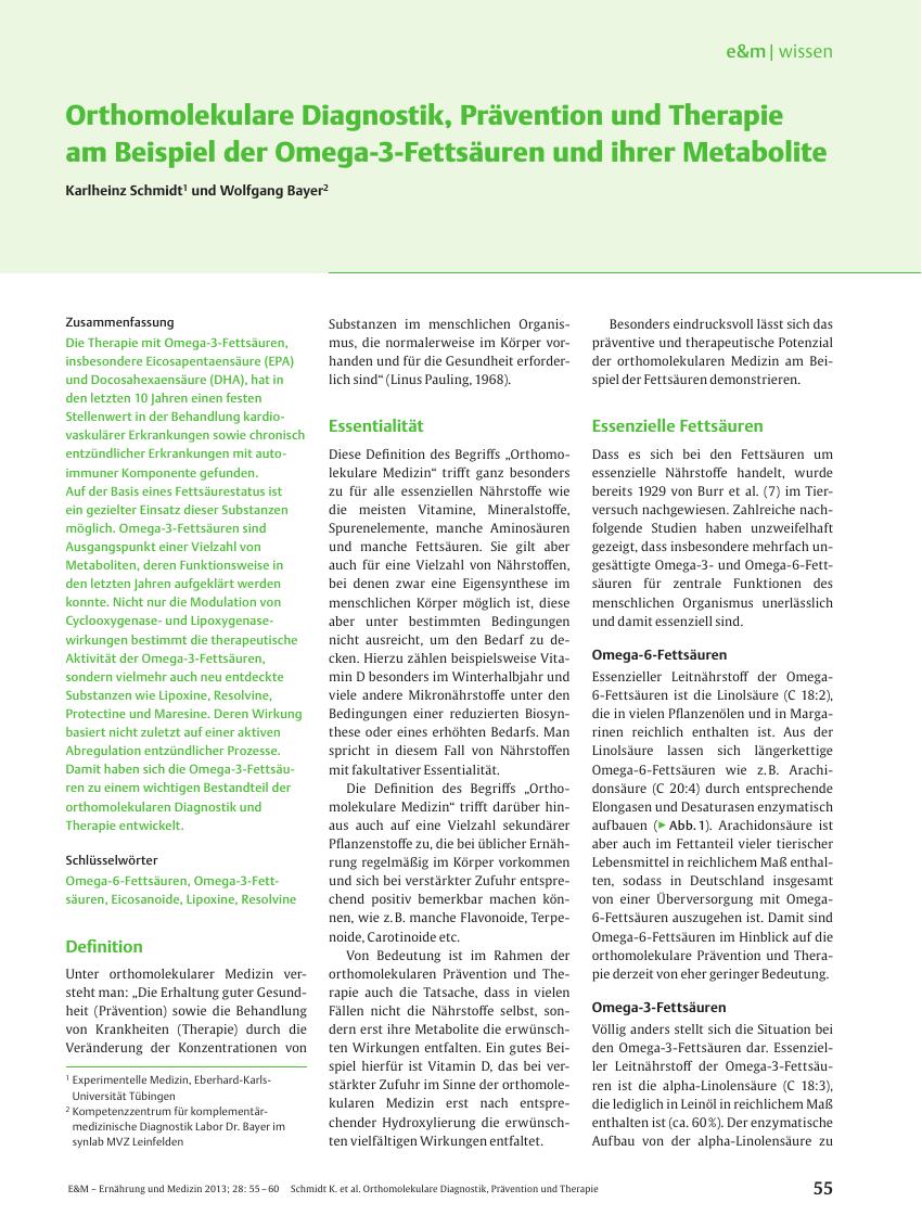Vorschauseite 1: Orthomolekulare Diagnostik, Prävention und Therapie am Beispiel der Omega-3-Fettsäuren und ihrer Metabolite