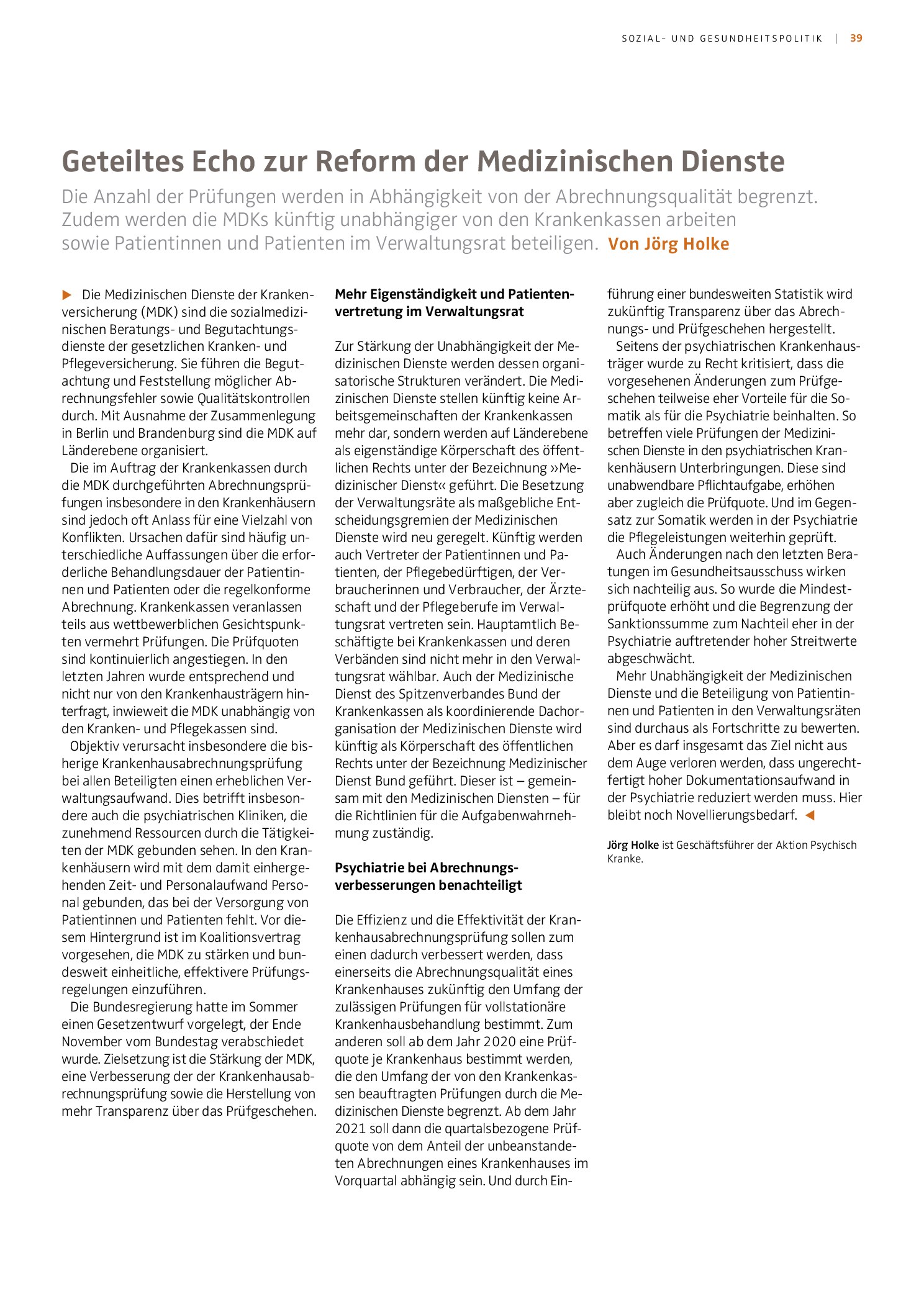 Vorschauseite 1: Geteiltes Echo zur Reform der Medizinischen Dienste