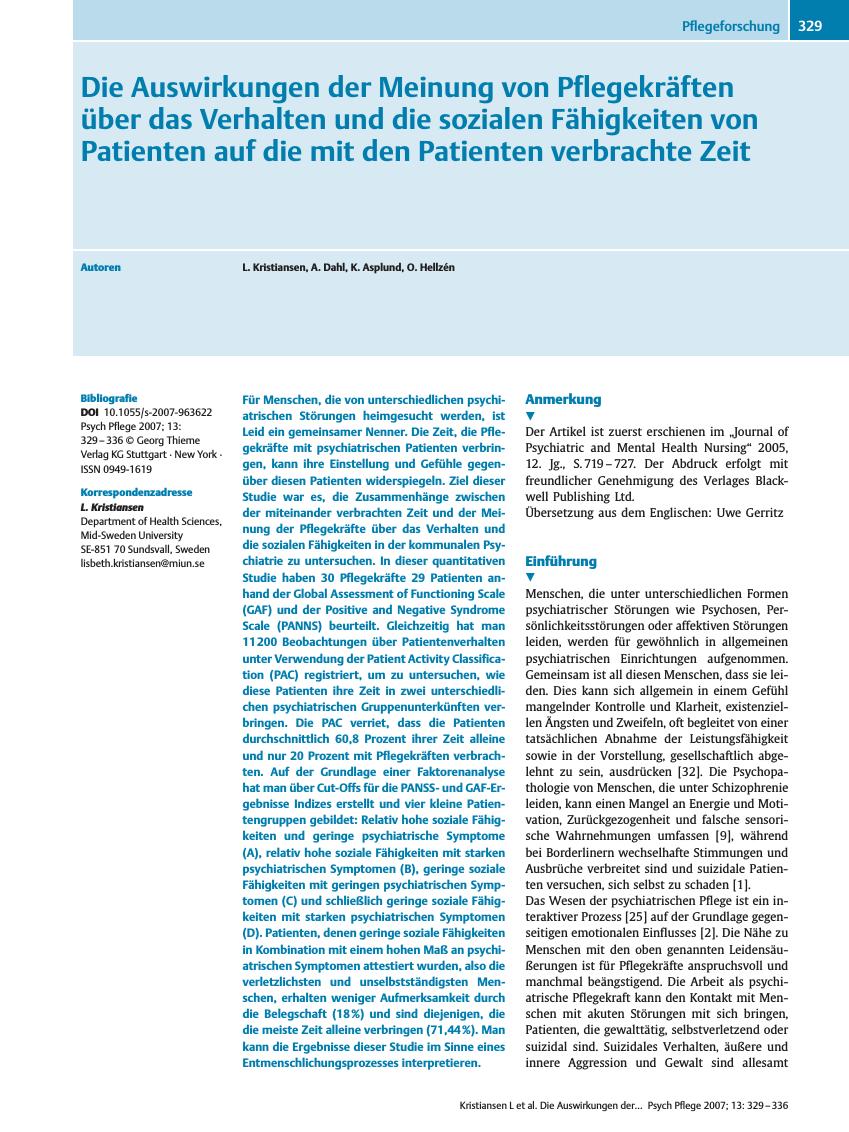 Vorschauseite 1: Die Auswirkungen der Meinung von Pflegekräften über das Verhalten und die sozialen Fähigkeiten von Patienten auf die mit den Patienten verbrachte Zeit