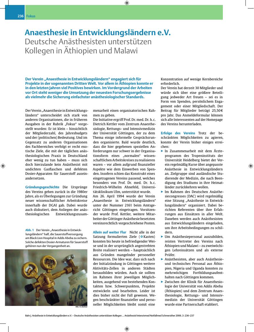 Vorschauseite 1: Anaesthesie in Entwicklungsländern e. V. - Deutsche Anästhesisten unterstützen Kollegen in Äthiopien und Malawi
