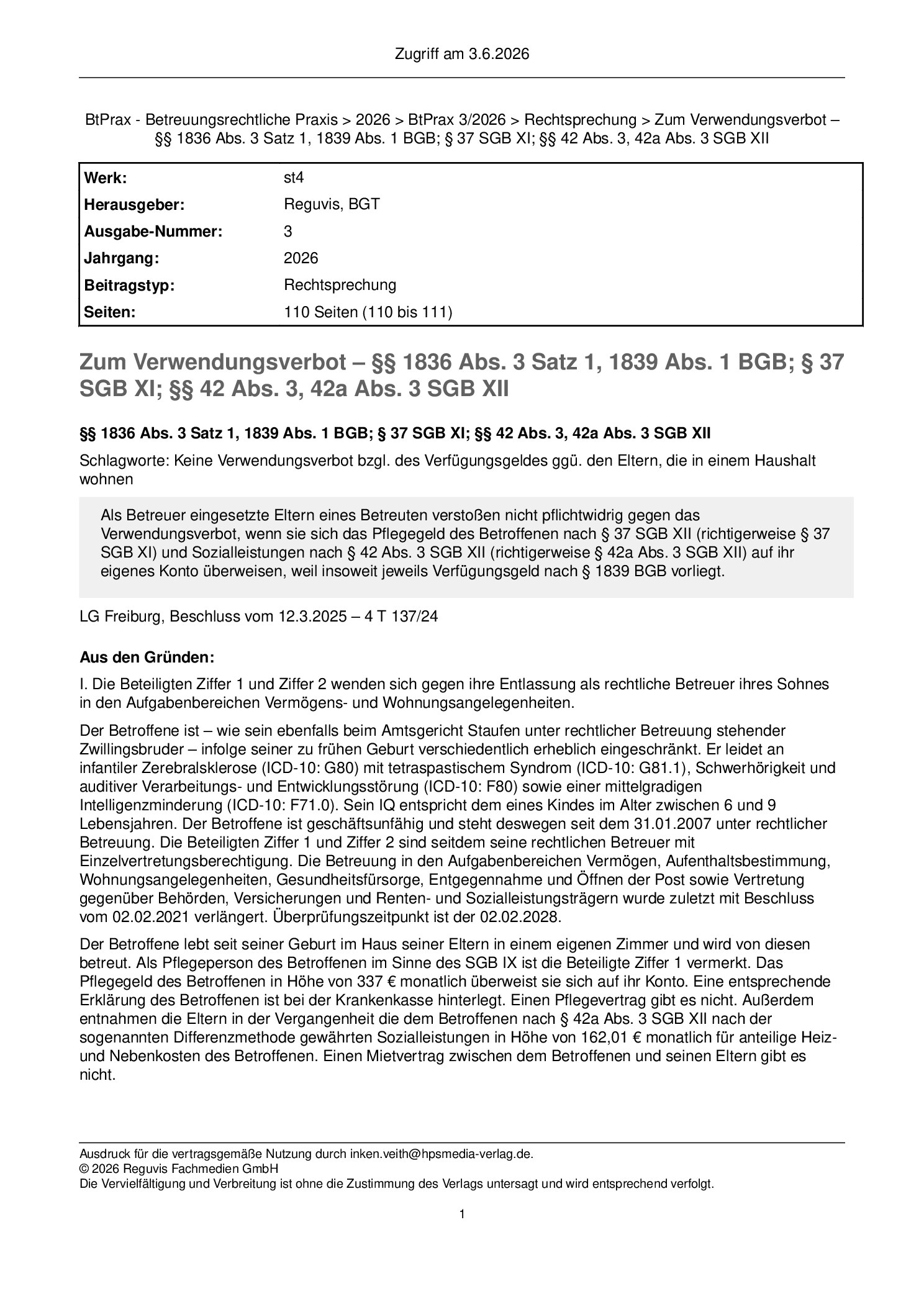 Vorschauseite 1: Zum Verwendungsverbot – §§ 1836 Abs. 3 Satz 1, 1839 Abs. 1 BGB; § 37 SGB XI; §§ 42 Abs. 3, 42a Abs. 3 SGB XII