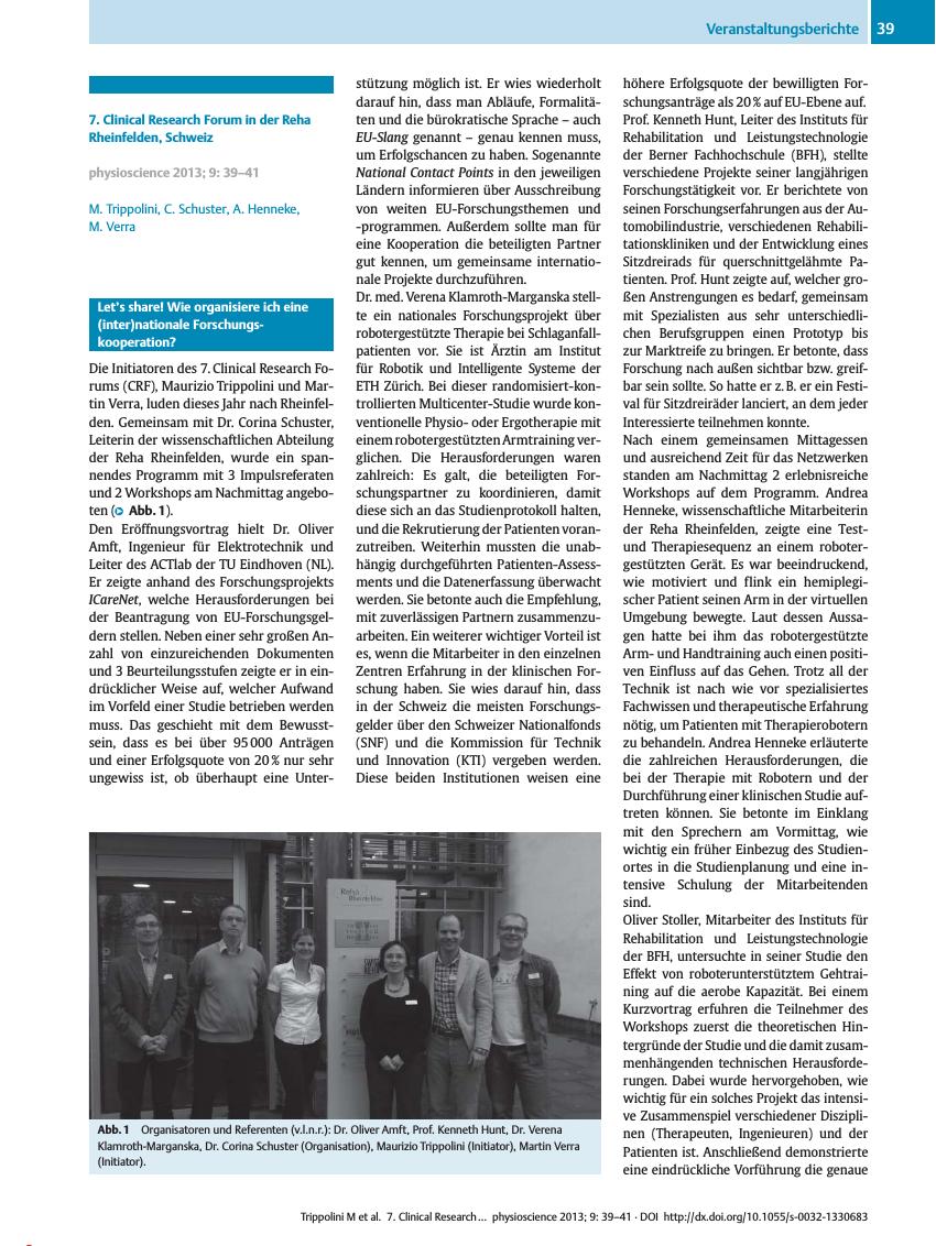 Vorschauseite 1: 7. Clinical Research Forum in der Reha Rheinfelden, Schweiz