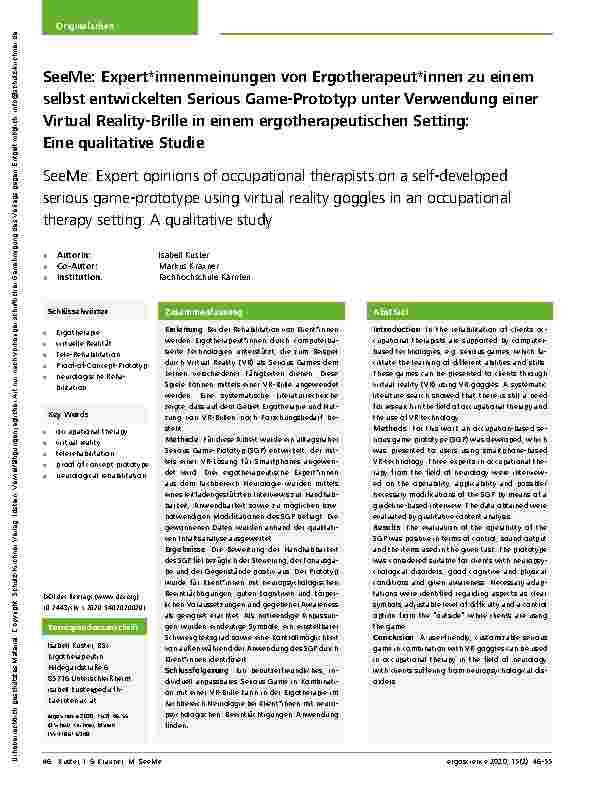 Vorschauseite 1: SeeMe: Expertenmeinungen von Ergotherapeuten zu einem selbst entwickelten Serious Game-Prototyp unter Verwendung einer Virtual Reality-Brille in einem ergotherapeutischen Setting:…