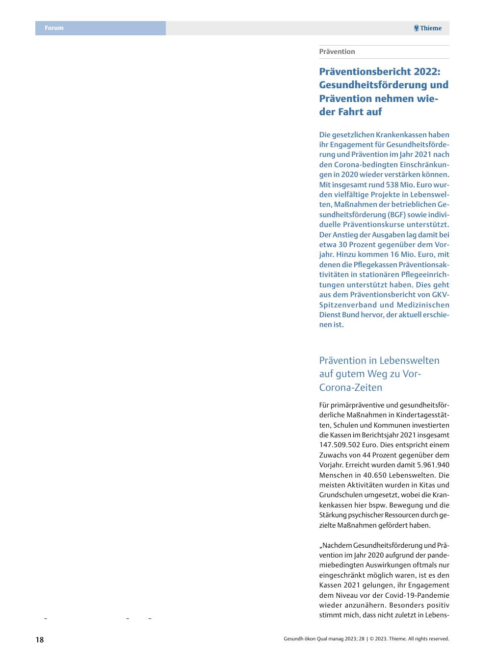 Vorschauseite 1: Prävention - Präventionsbericht 2022: Gesundheitsförderung und Prävention nehmen wieder Fahrt auf
