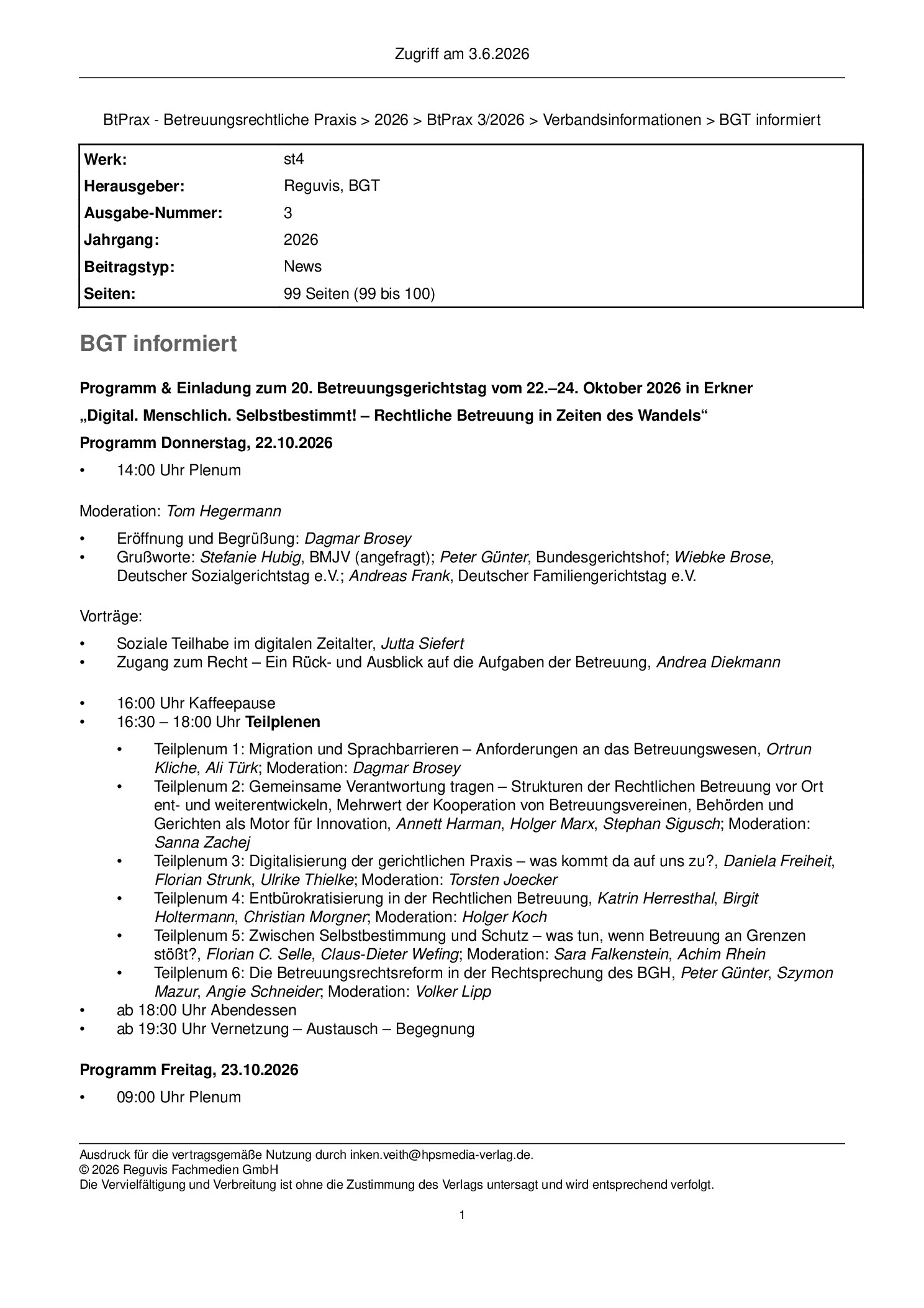Vorschauseite 1: BGT informiert: Programm & Einladung zum 20. Betreuungsgerichtstag vom 22.–24. Oktober 2026 in Erkner