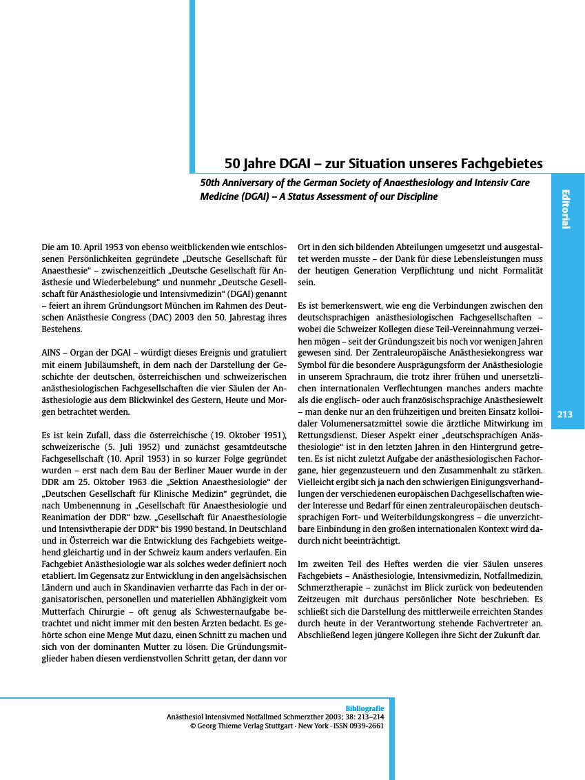 Vorschauseite 1: 50 Jahre DGAI - zur Situation unseres Fachgebietes