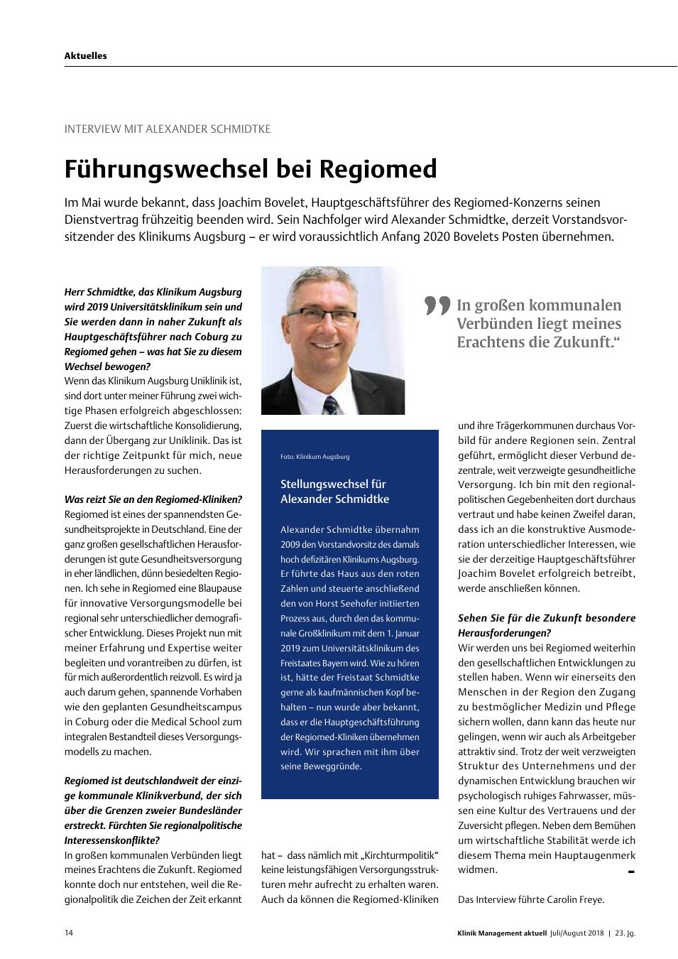 Vorschauseite 1: Interview mit Alexander Schmidtke: Führungswechsel bei Regiomed