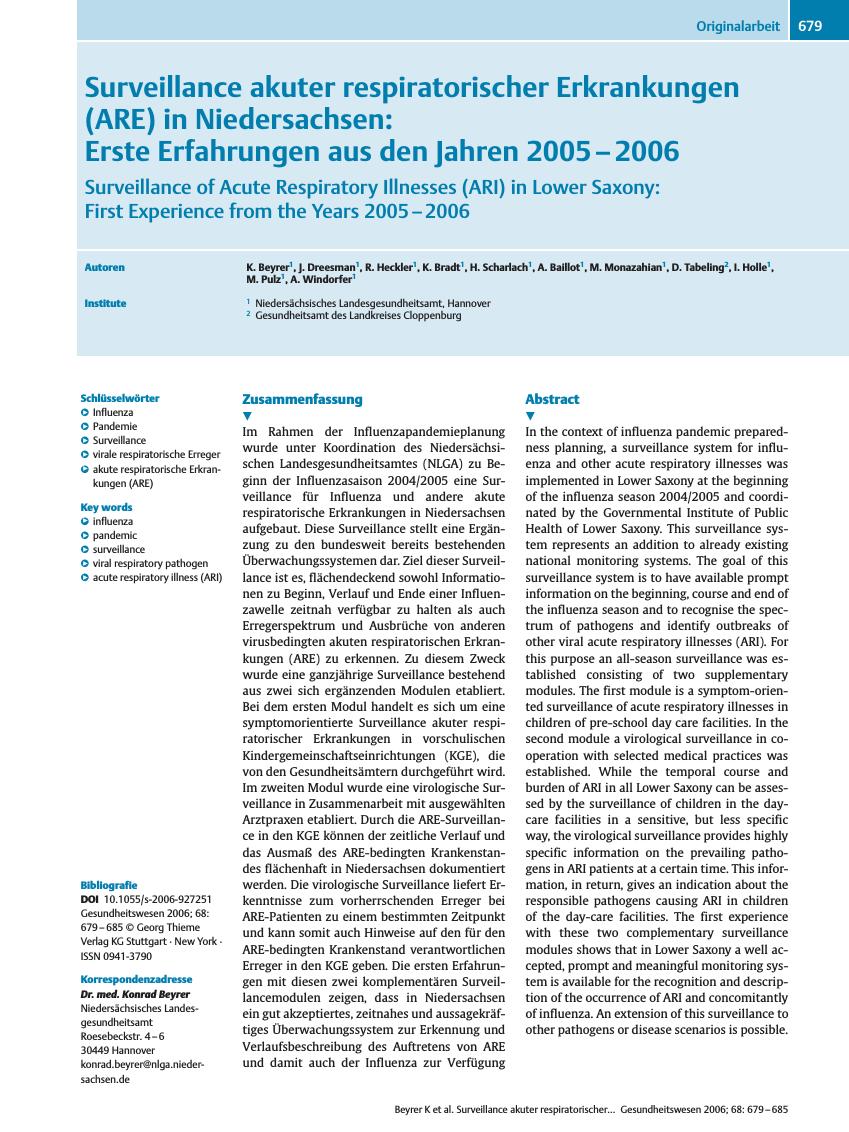 Vorschauseite 1: Surveillance akuter respiratorischer Erkrankungen (ARE) in Niedersachsen: Erste Erfahrungen aus den Jahren 2005 - 2006