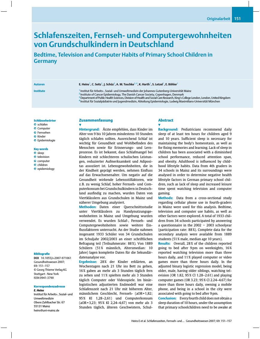 Vorschauseite 1: Schlafenszeiten, Fernsehund Computergewohnheiten von Grundschulkindern in Deutschland