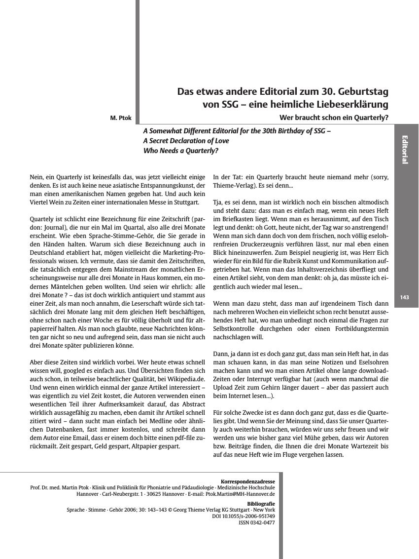 Vorschauseite 1: Das etwas andere Editorial zum 30. Geburtstag von SSG - eine heimliche Liebeserklärung
