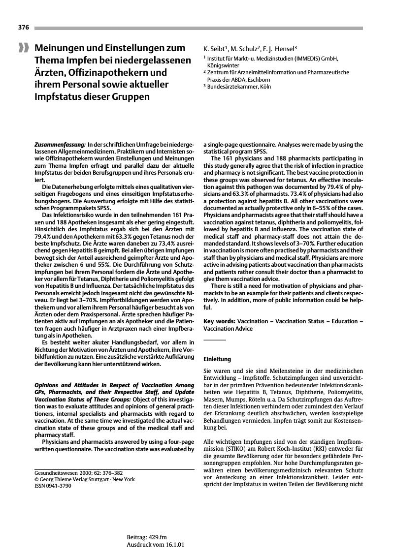 Vorschauseite 1: Meinungen und Einstellungen zum Thema Impfen bei niedergelassenen Ärzten, Offizinapothekern und ihrem Personal sowie aktueller Impfstatus dieser Gruppen