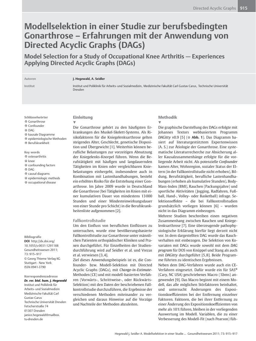 Vorschauseite 1: Modellselektion in einer Studie zur berufsbedingten Gonarthrose? Erfahrungen mit der Anwendung von Directed Acyclic Graphs (DAGs)