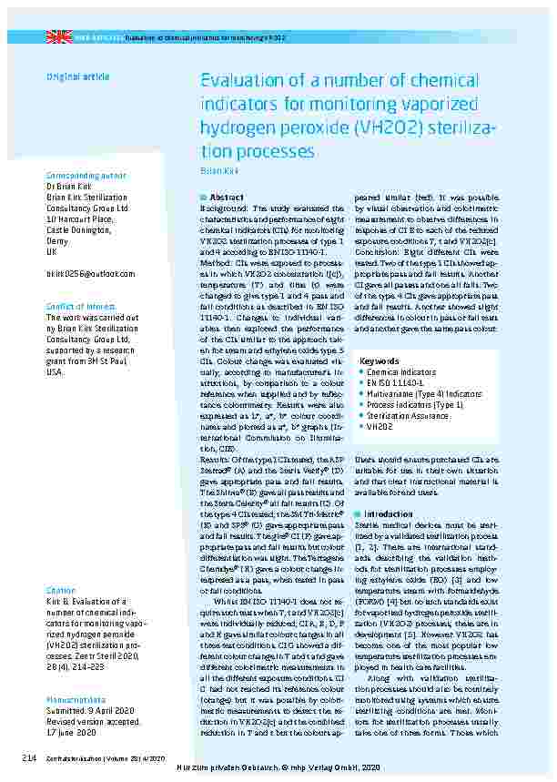 Vorschauseite 1: Evaluation of a number of chemical indicators for monitoring vaporized hydrogen peroxide (VH2O2) sterilization processes
