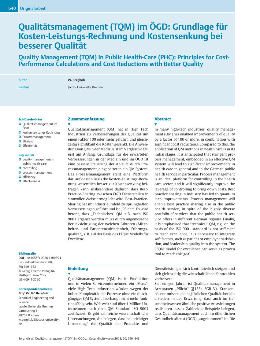Vorschauseite 1: Qualitätsmanagement (TQM) im ÖGD: Grundlage für Kosten-Leistungs-Rechnung und Kostensenkung bei besserer Qualität
