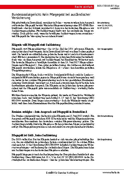 Vorschauseite 2: Beraterbrief Pflege Heft 13-2025