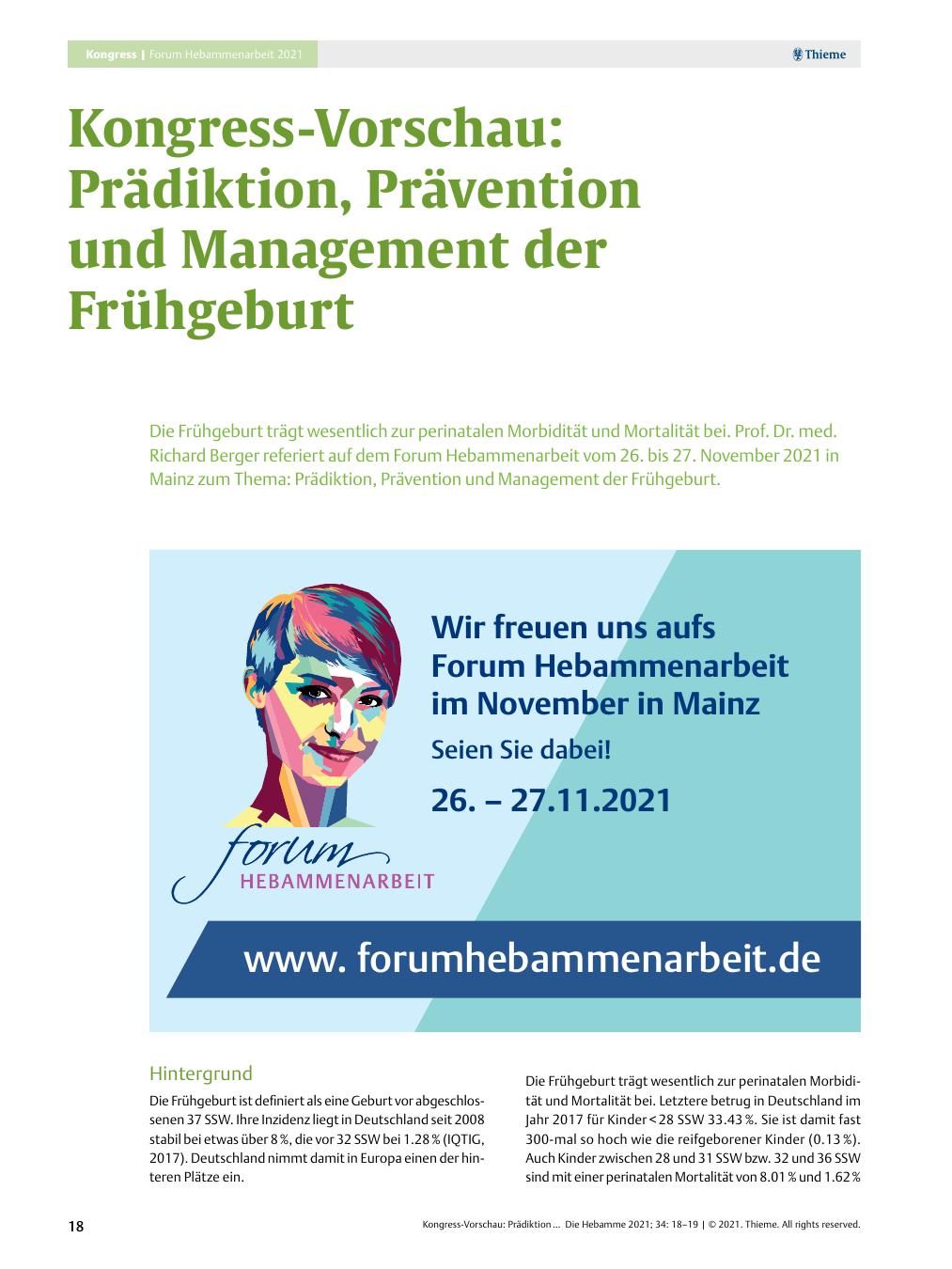 Vorschauseite 1: Kongress-Vorschau: Prädiktion, Prävention und Management der Frühgeburt