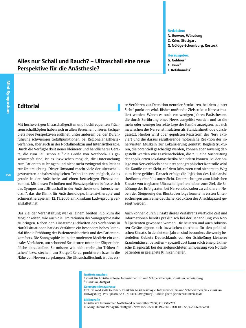 Vorschauseite 1: Alles nur Schall und Rauch? - Ultraschall eine neue Perspektive für die Anästhesie?