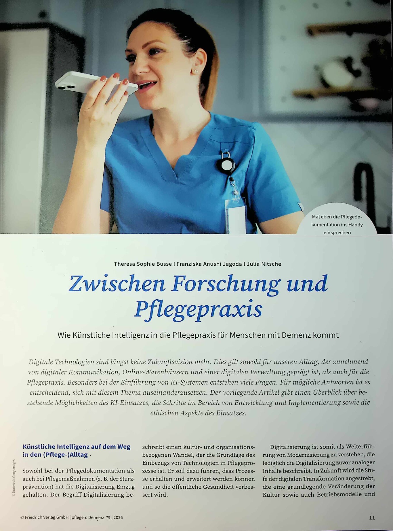 Vorschauseite 1: Zwischen Forschung und Pflegepraxis. Wie Künstliche Intelligenz in die Pflegepraxis für Menschen mit Demenz kommt