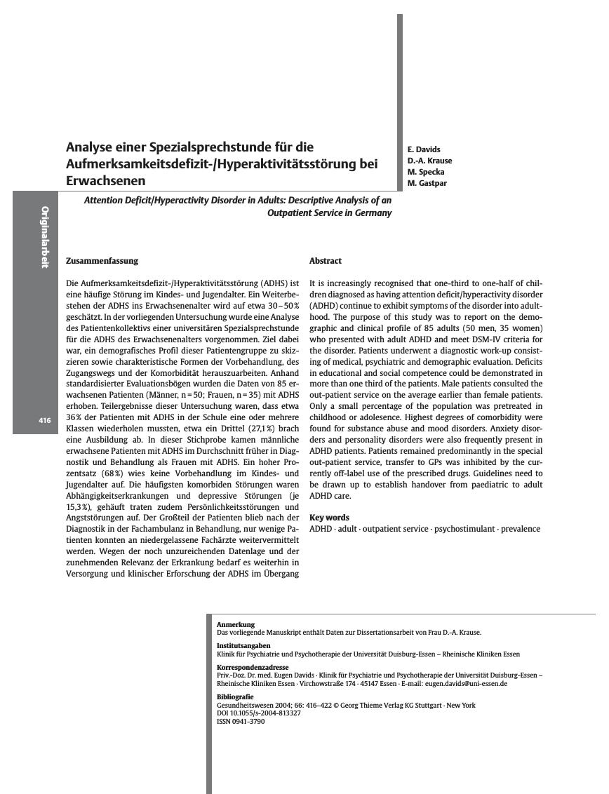 Vorschauseite 1: Analyse einer Spezialsprechstunde für die Aufmerksamkeitsdefizit-/Hyperaktivitätsstörung bei Erwachsenen