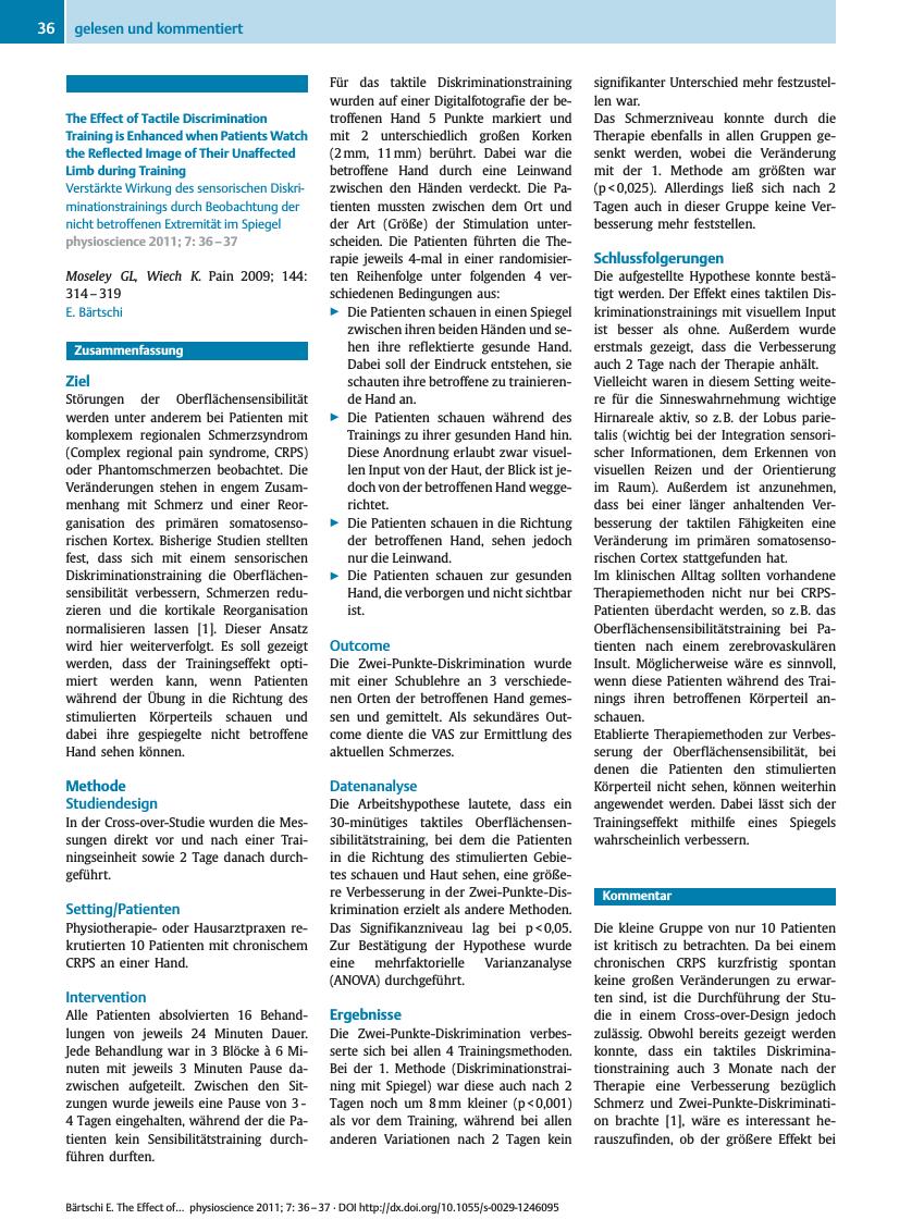 Vorschauseite 1: The Effect of Tactile Discrimination Training is Enhanced when Patients Watch the Reflected Image of Their Unaffected Limb during Training