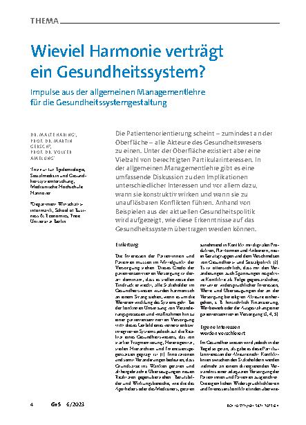 Vorschauseite 1: Wie viel Harmonie verträgt ein Gesundheitssystem? Impulse aus der allgemeinen Managementlehre für die Gesundheitssystemgestaltung.