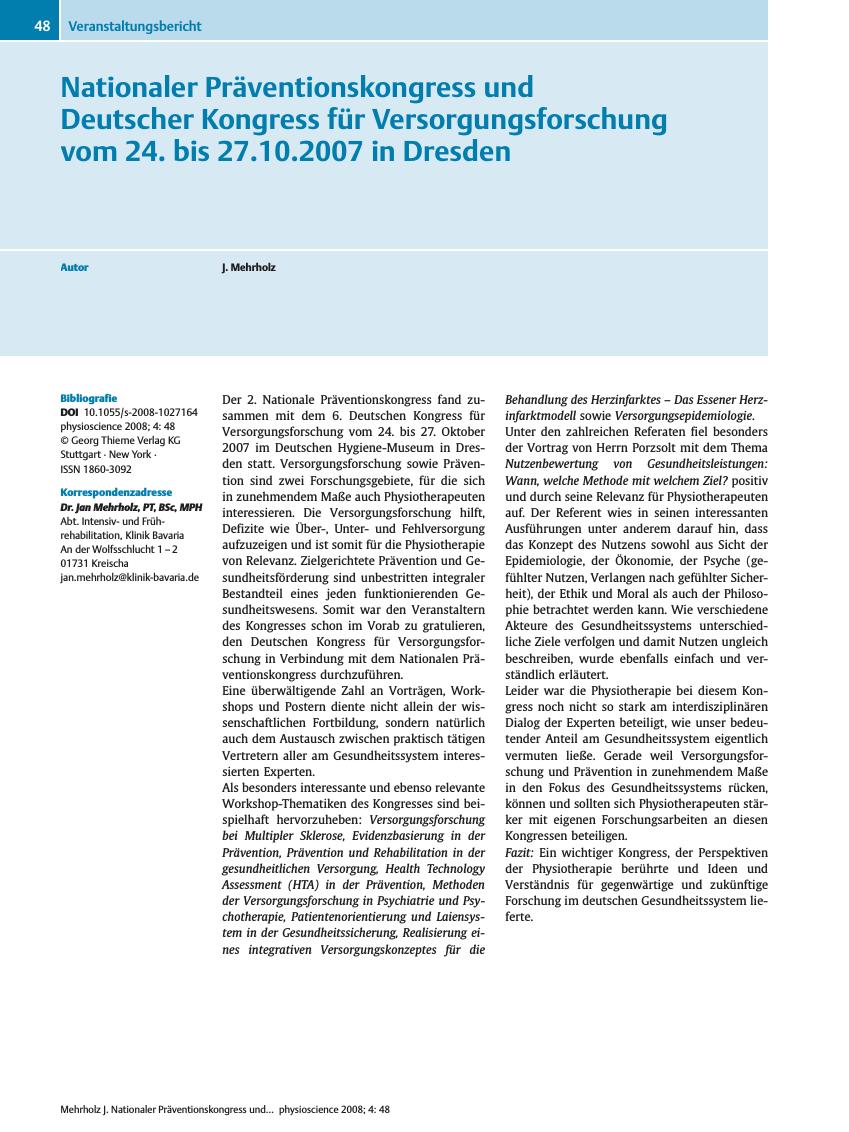 Vorschauseite 1: Nationaler Präventionskongress und Deutscher Kongress für Versorgungsforschung vom 24. bis 27. 10. 2007 in Dresden