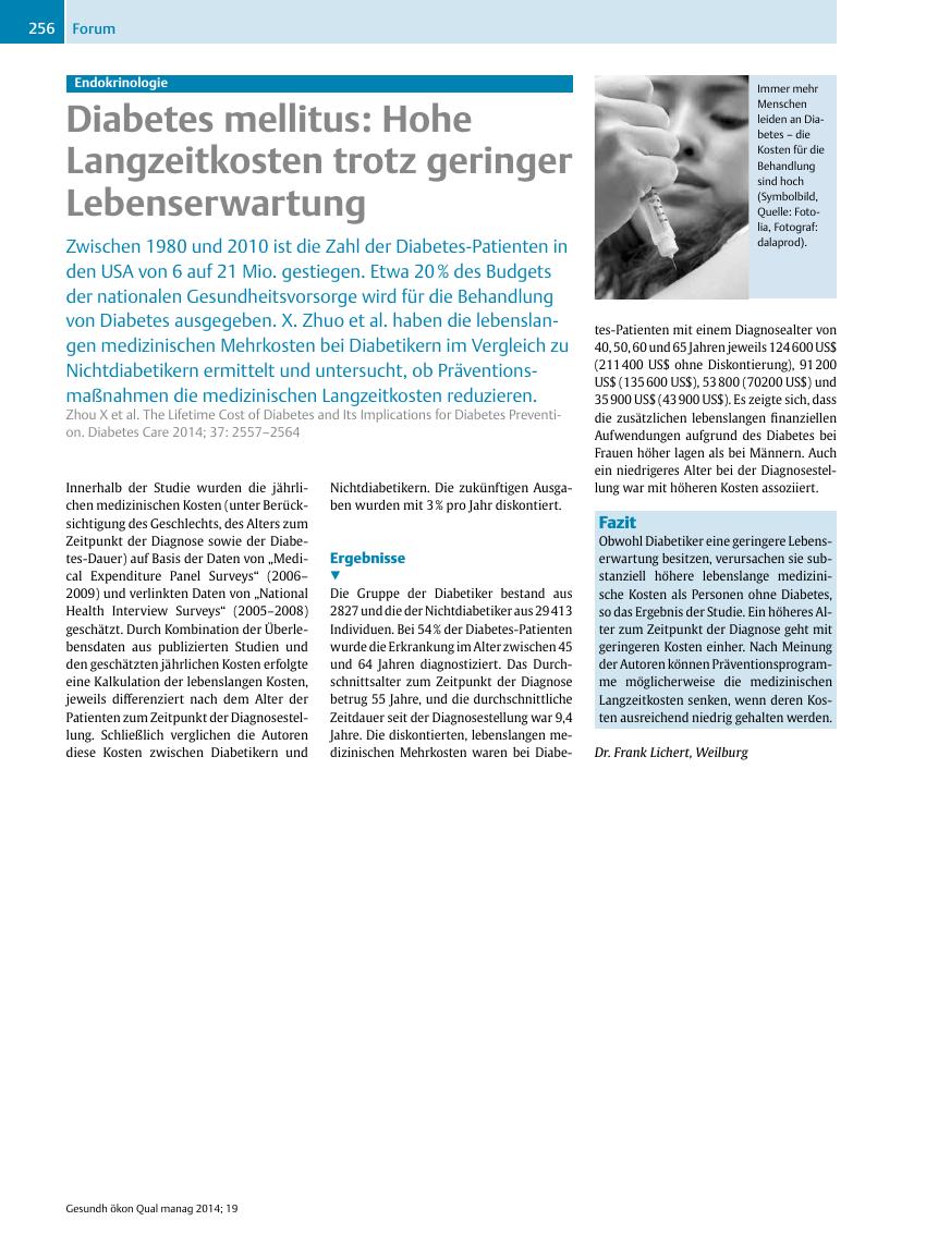 Vorschauseite 1: Endokrinologie ? Diabetes mellitus: Hohe Langzeitkosten trotz geringer Lebenserwartung