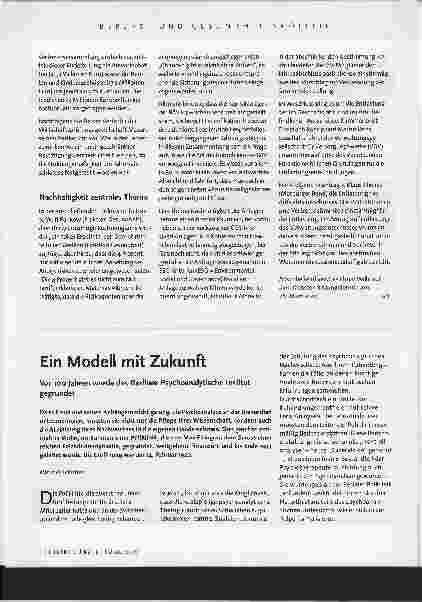 Vorschauseite 1: Ein Modell mit Zukunft. Vor 100 Jahren wurde das Berliner Psychoanalytische Institut gegründet.
